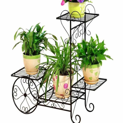 Plant stand that has four placement for your plants to sit. Black colour with large decorative wheels.