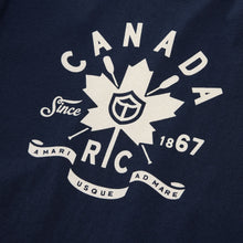 Load image into Gallery viewer, Navy blue shirt with white maple leaf design and text on a dark background.