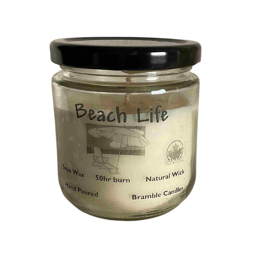Locally made in Ontario. Jar soy candle, beach life scent.