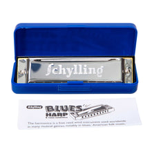 Load image into Gallery viewer, Blues Harmonica 10 hole Harmonica. Durable, high quality construction, with a shiny metal casing embossed with musical notes and the Schylling logo.  Comes in a special storage box.  Weight 0.0680389 kg or 0.15 lbs Size 3.81 x 11.43 x 2.54 cm or  1.5 x 4.5 x 1 in Recommended Age 3+
