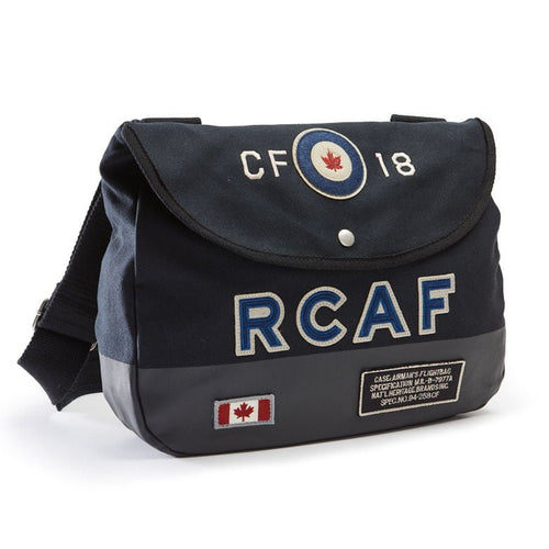 RCAF shoulder bag in dark blue. Heavy cotton twill with appliqué patches.