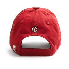 Load image into Gallery viewer, Back of red ball cap with velcro adjustment.