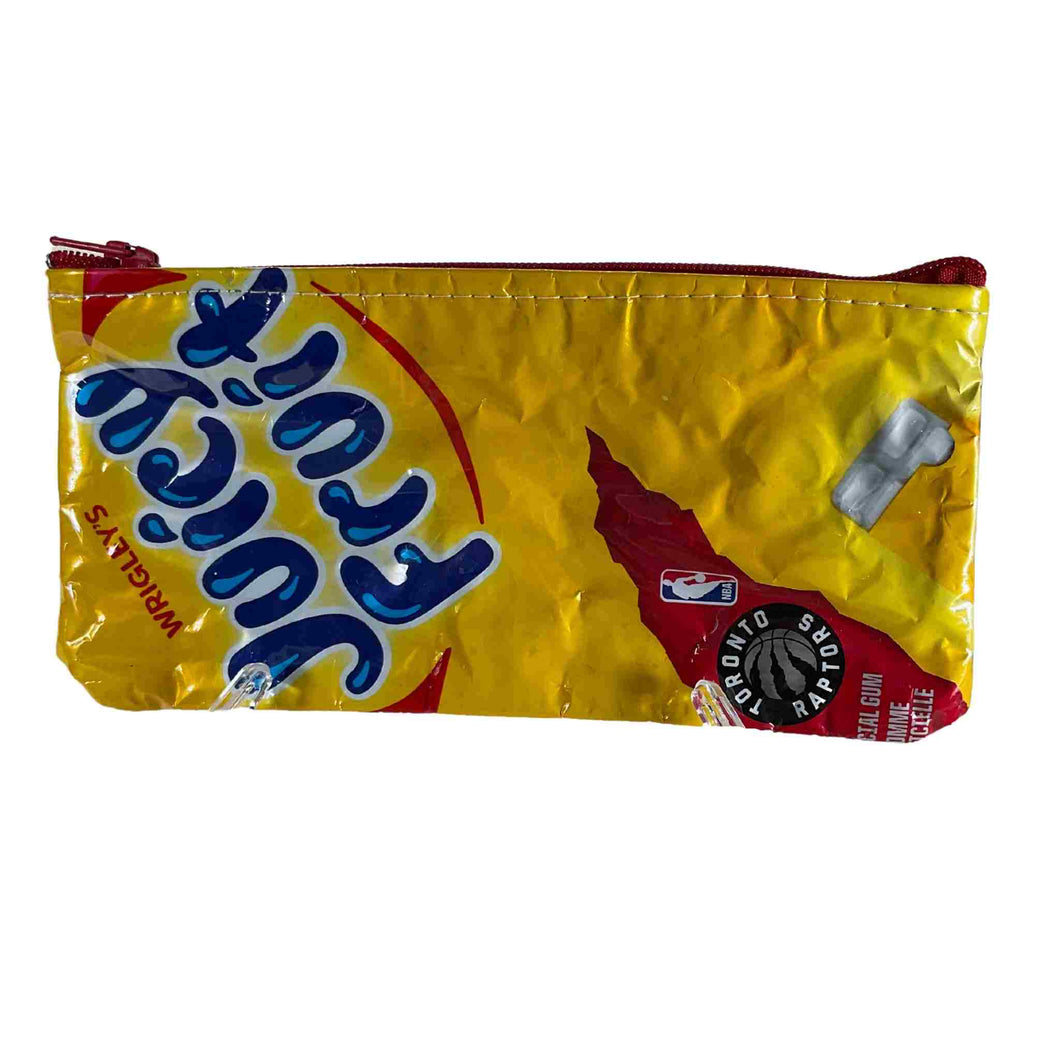 A small bag made with a Juicy Fruit bag.