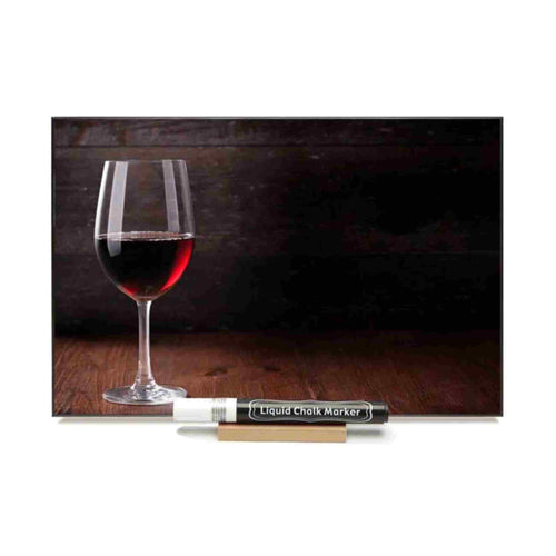 Photo chalkboard with picture of glass of red wine.