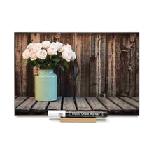 Load image into Gallery viewer, Photo chalkboard with teal vintage holder of pink flowers.
