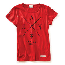 Load image into Gallery viewer, Heritage red women's t- shirt. Silk screen Canada on front of shirt.