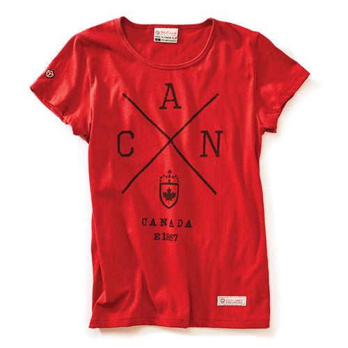 Heritage red women's t- shirt. Silk screen Canada on front of shirt.