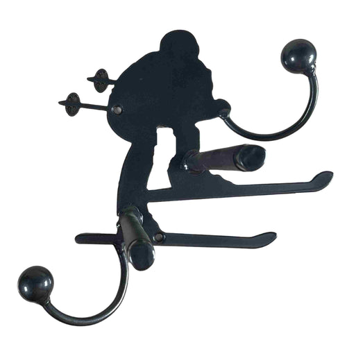 Metal wall art, skier with 2 hooks.