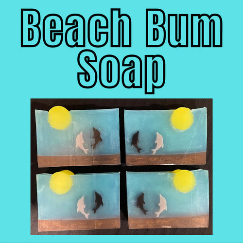 Handmade Glycerin soap. Beach Bum soap is fresh and has two dolphins to add to the excitement.