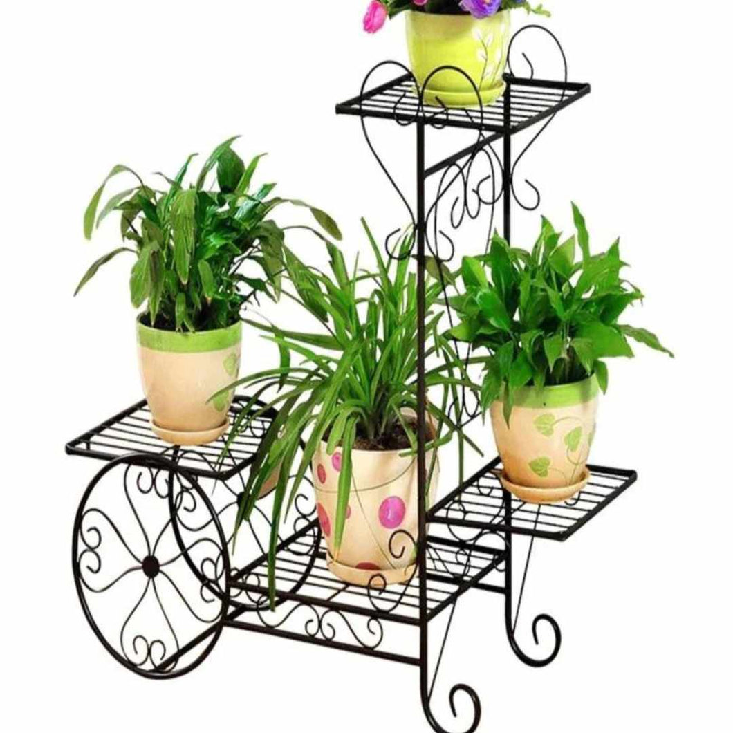 Plant stand that has four placement for your plants to sit. Bronze colour with large decorative wheels.