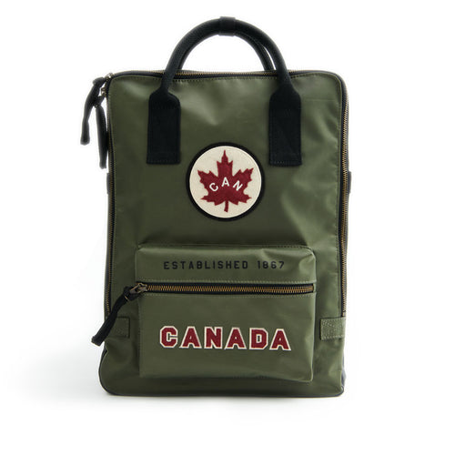 Made of Nylon and Khaki colour. Front has Canada patch and the words CANADA on bottom pocket.