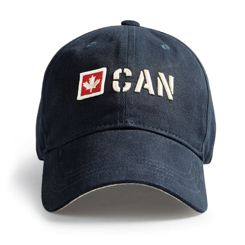 Navy blue ball cap with 'CAN' and a maple leaf logo white. Adjustable strap for comfort fit.