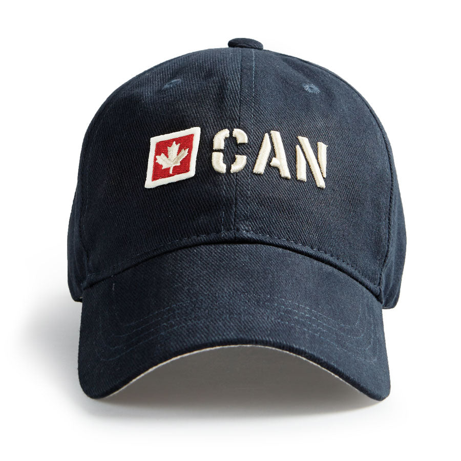 Navy blue ball cap with 'CAN' and a maple leaf logo white. Adjustable strap for comfort fit.