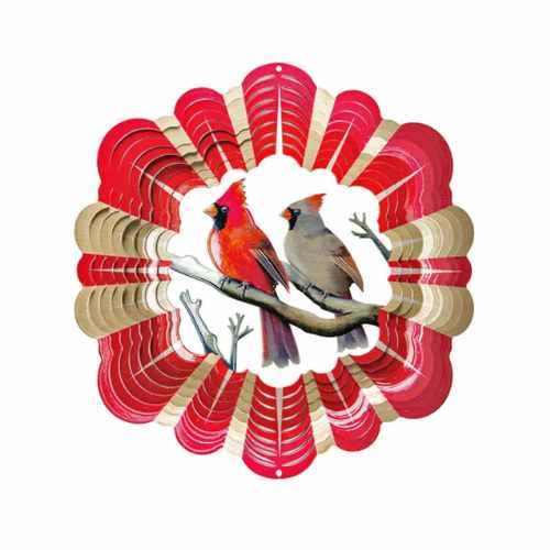 Wind spinner made of stainless steel. Powder coated with two vivid cardinals to spin in the wind.