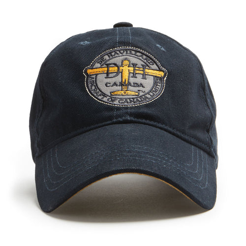 Navy brushed cotton twill ball cap with the De Havilland.