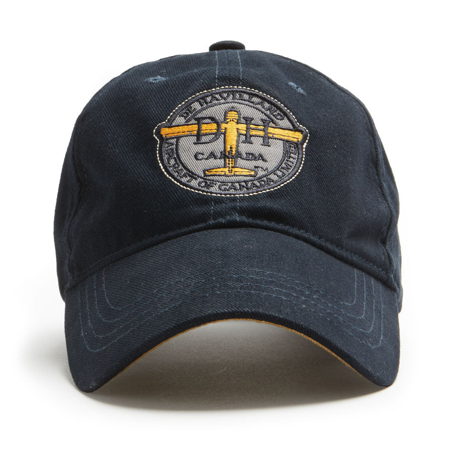 Navy brushed cotton twill ball cap with the De Havilland.