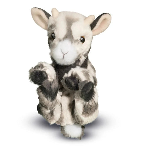 Little baby goat made by Douglas Toys. Grey and white, super soft and cuddly.
