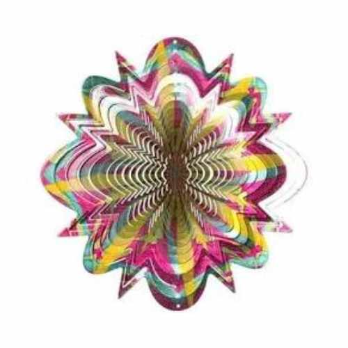Wind spinner made from stainless steel. Floral splash is a bright mix of colours, blue, gold and pink.