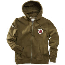 Load image into Gallery viewer, Green hoodie with a maple leaf emblem on a white background. Canada birth year on arm.
