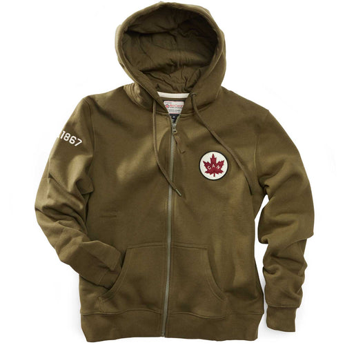 Green hoodie with a maple leaf emblem on a white background. Canada birth year on arm.