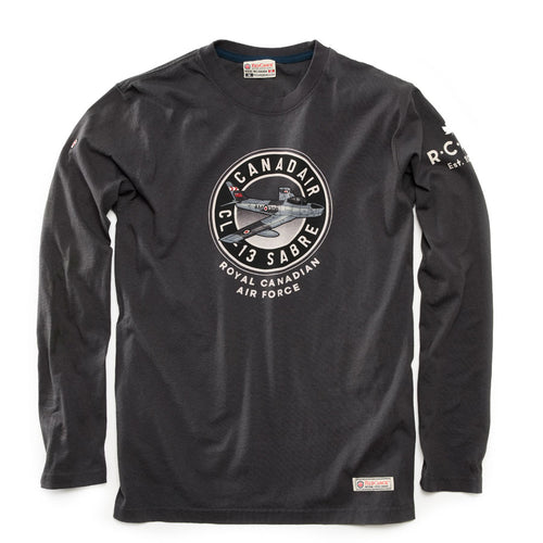 RCAF slate long-sleeve shirt with a vintage CL-13 Sabre Jet graphic and text on a white background