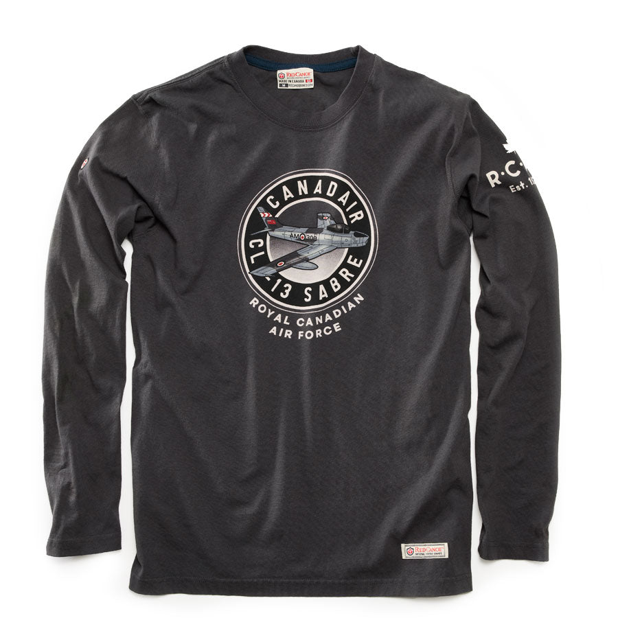 RCAF slate long-sleeve shirt with a vintage CL-13 Sabre Jet graphic and text on a white background