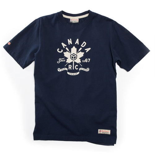 Navy blue t-shirt with white graphic Canada design on a white background.