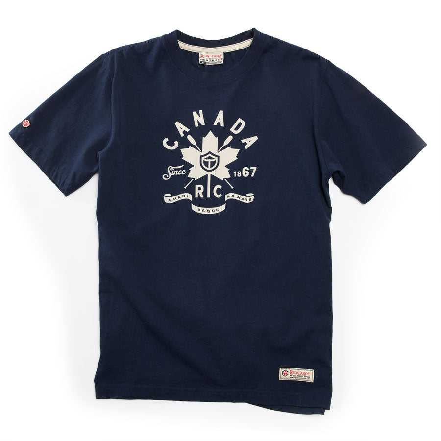 Navy blue t-shirt with white graphic Canada design on a white background.
