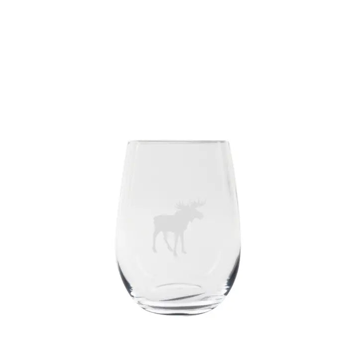 Stemless wine glass with an etched Canadian Moose.