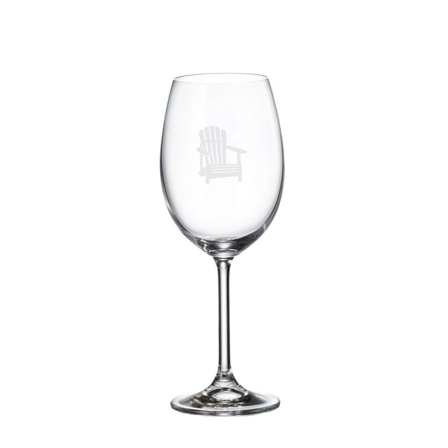 Long stem wine  glass with etched Muskoka chair.