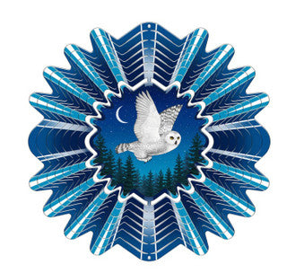 Wind spinner made from stainless steel. Beautiful shades of blue with an owl inside.