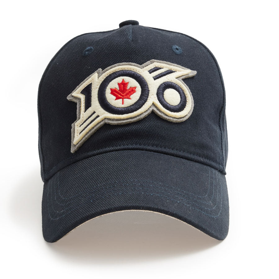 Celebrate with the RCAF 100 ball cap. Coulour is navy with the 100 , Double-layer felt appliqué patch. Adjustable strap for sizing.