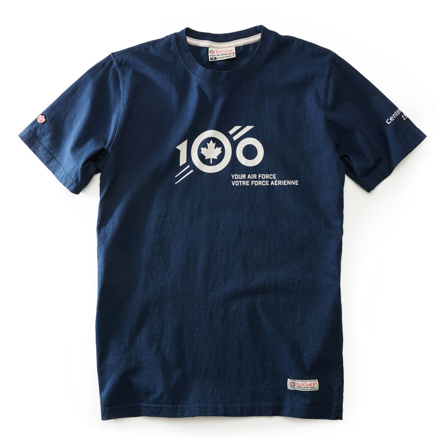 Navy blue cotton t-shirt. Celebrate anniversary of RCAF 100 years with the logo on front.