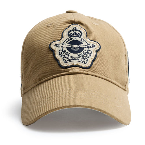 Cotton twill ball cap with RCAF Flying logo. Adjustable strap, tan colour.