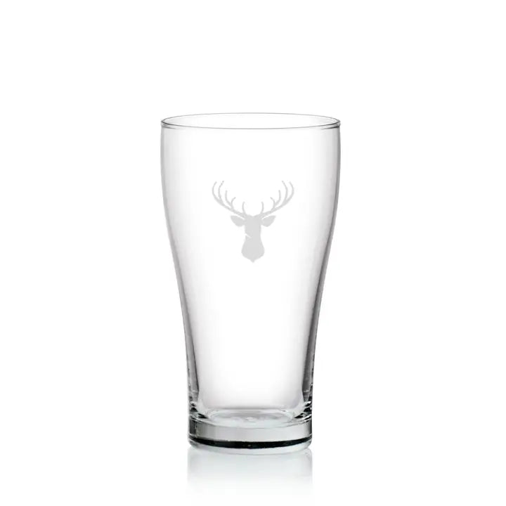 Laser etched beer glass with image of a Stag.