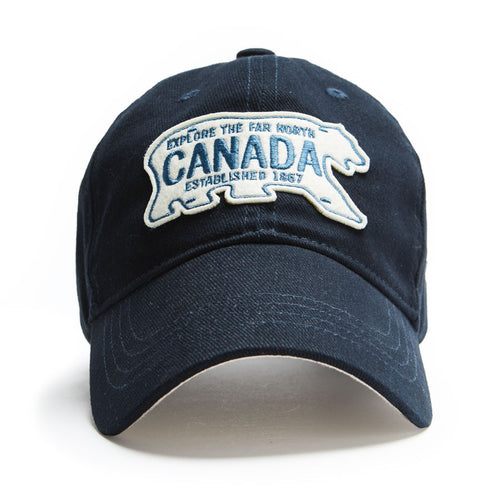 Dark blue ball cap with Polar Bear applique. Adjustable strap for comfort.