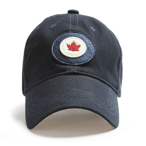 RCAF navy blue ball cap with a circular patch featuring a red maple leaf on a white background.