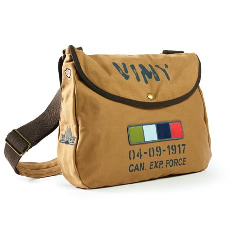 Canadian made beige shoulder bag. Cotton twill with silk screen Vimy. 
