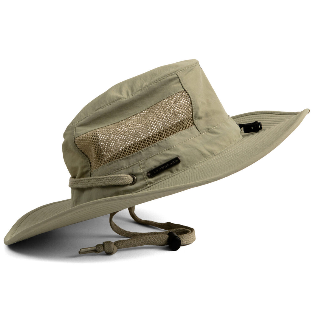 Water repellent hat in olive colour.  Side crown mesh provides cooling ventilation, adjustable draw cord. Made in Winnipeg.
