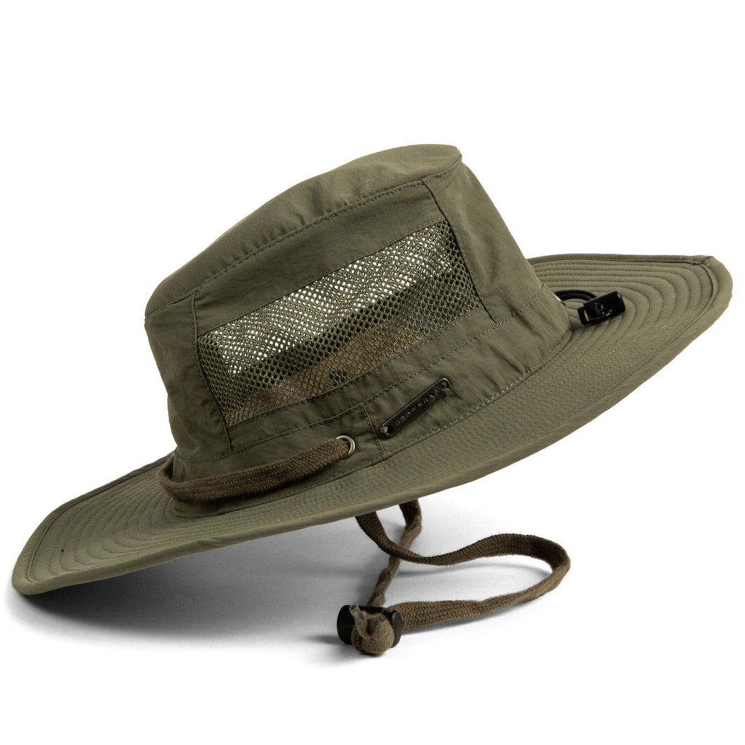 Canadian made nylon hat with tie draw cord. Stone colour and air vents.