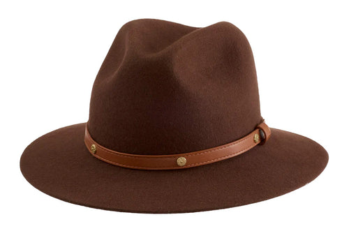Made in Ontario. Brown felt hat with leather band.