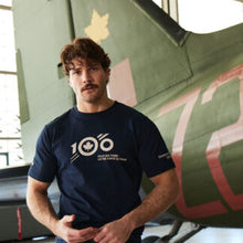 Load image into Gallery viewer, Person wearing RCAF 100 shirt. Canadian made, 100% prewashed Cotton.
