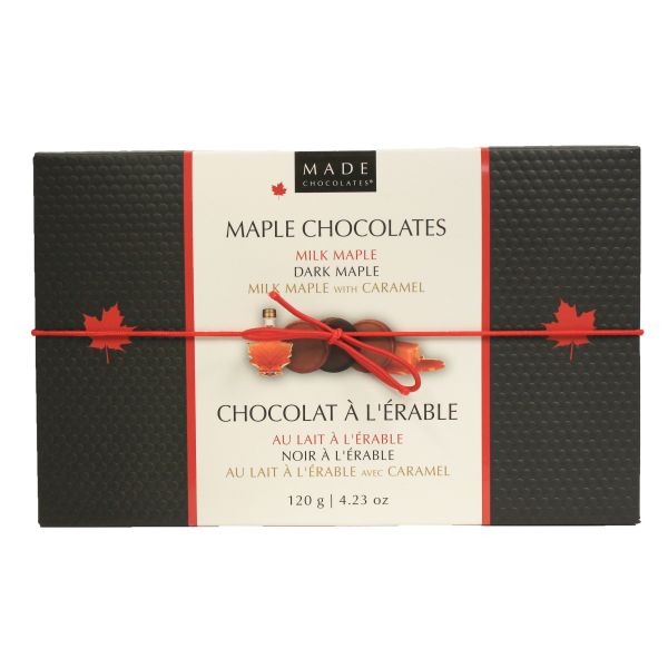 Delicious maple chocolate. Three varieties milk maple, dark maple, and milk maple with caramel.