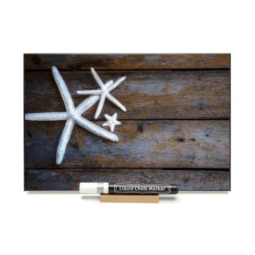 Chalk board with image of starfish on dock. Use the liquid chalk marker to write on. 