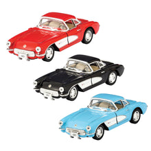 Load image into Gallery viewer, Cool Diecast metal 1957 Corvette. Size 12.7 centimetres (5 inches) long.  Pull back action, wheels spin, doors and hood open.  Available in black, red or baby blue.
