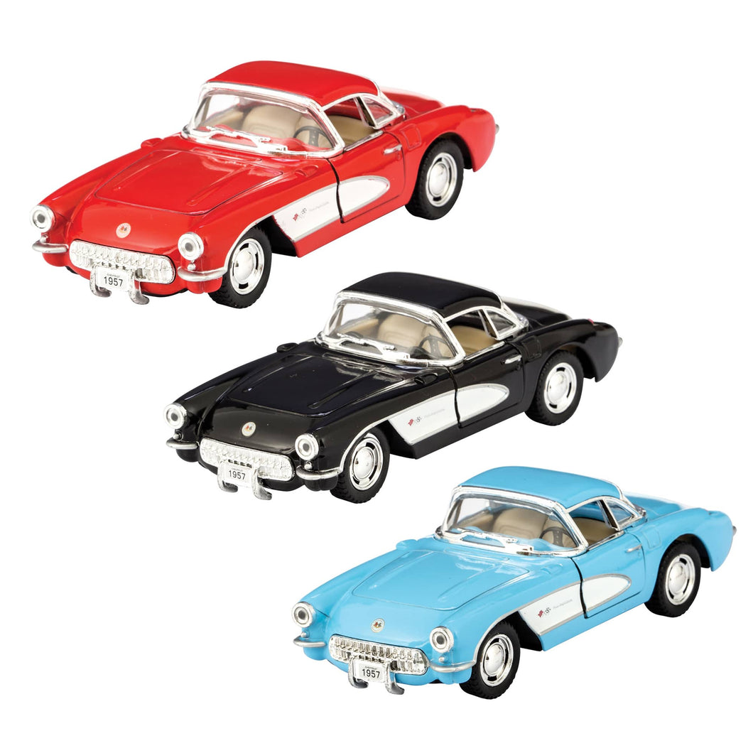 Cool Diecast metal 1957 Corvette. Size 12.7 centimetres (5 inches) long.  Pull back action, wheels spin, doors and hood open.  Available in black, red or baby blue.