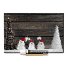 Load image into Gallery viewer, Photo chalk board with the image of three snowmen.
