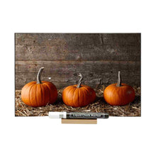 Load image into Gallery viewer, Chalkboard with a photo of three pumpkins.
