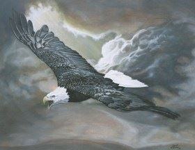 Original framed art work of Eagle flying through storm clouds.