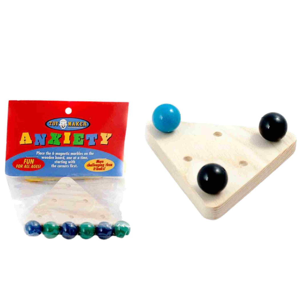 Wooden game with magnetic marbles.